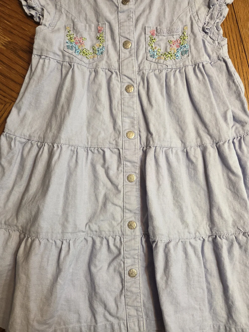 Girls Light Lavender Tiered Button-Front Dress with Embroidery